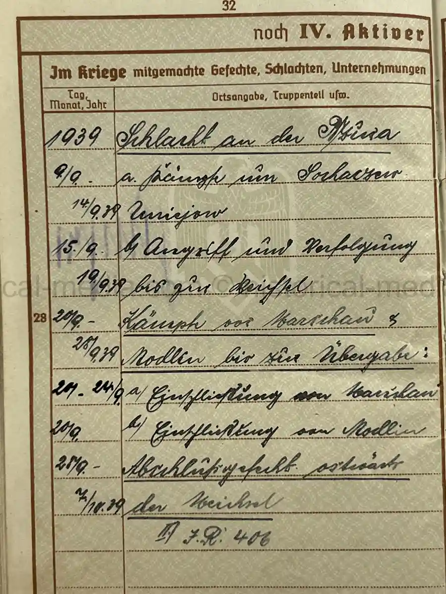 WEHRPASS – OTTO EDUARD REICHARDT – POLAND CAMPAIGN - VISTULA, MODLIN, WARSAW – STABSZAHLMEISTER