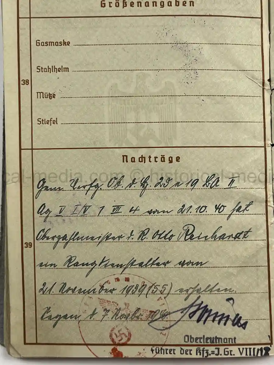 WEHRPASS – OTTO EDUARD REICHARDT – POLAND CAMPAIGN - VISTULA, MODLIN, WARSAW – STABSZAHLMEISTER