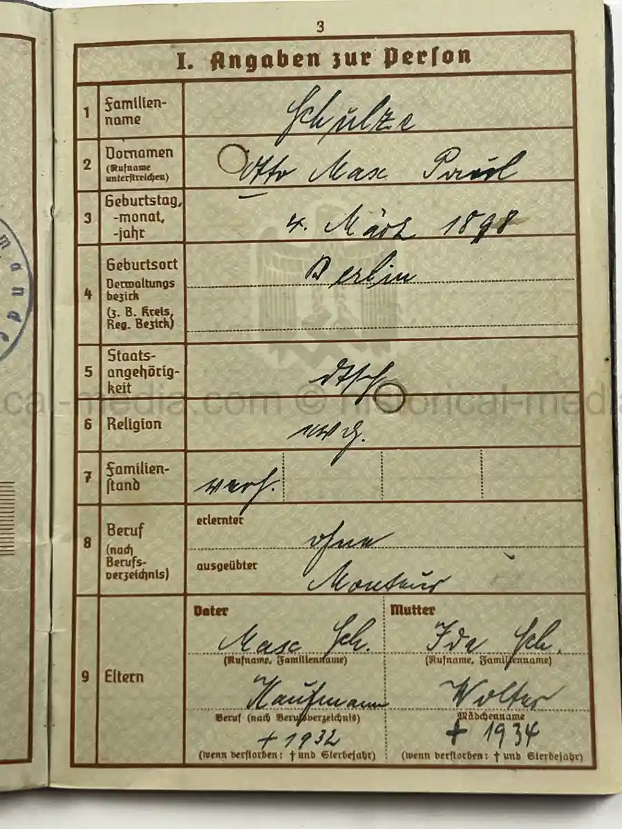 WEHRPASS – OTTO SCHULZE – INFANTERIE-REGIMENT 466– 263. INFANTERIE-DIVISION – POLAND CAMPAIGN