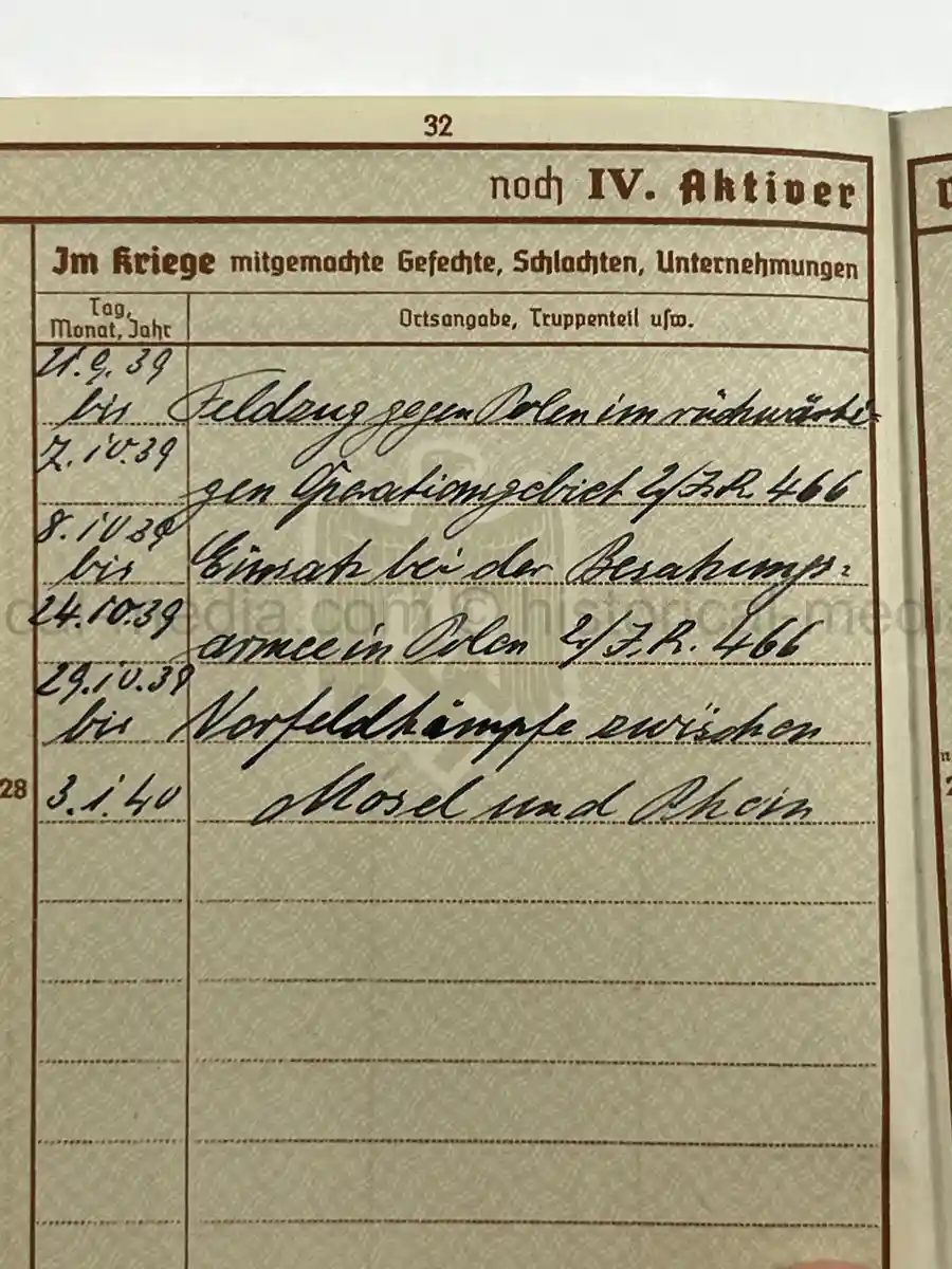 WEHRPASS – OTTO SCHULZE – INFANTERIE-REGIMENT 466– 263. INFANTERIE-DIVISION – POLAND CAMPAIGN