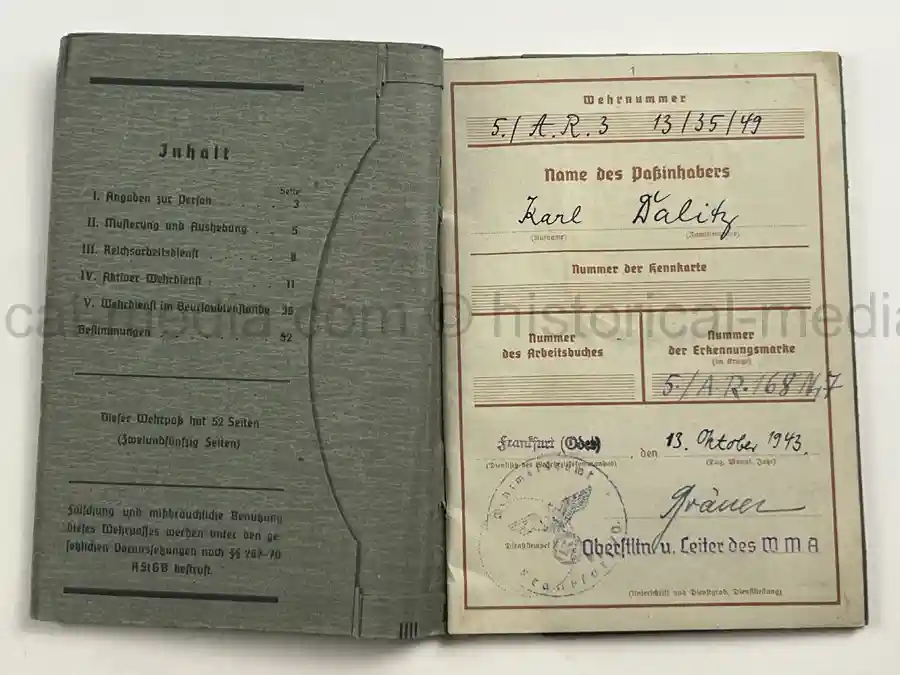WEHRPASS – KARL MAX GUSTAV DALITZ – 266. INFANTERIE-DIVISION – POLAND, FRANCE - EK1 AWARD FOR NORMANDY