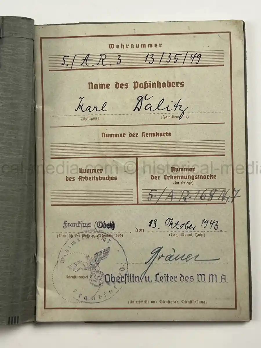 WEHRPASS – KARL MAX GUSTAV DALITZ – 266. INFANTERIE-DIVISION – POLAND, FRANCE - EK1 AWARD FOR NORMANDY