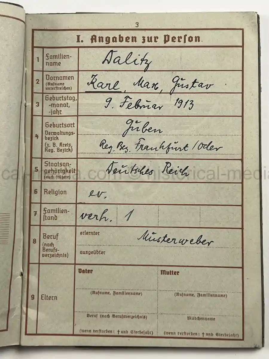 WEHRPASS – KARL MAX GUSTAV DALITZ – 266. INFANTERIE-DIVISION – POLAND, FRANCE - EK1 AWARD FOR NORMANDY