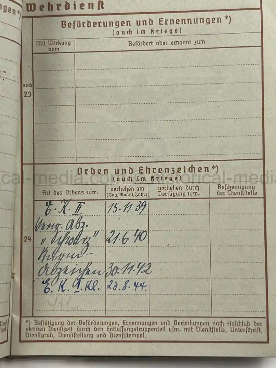 WEHRPASS – KARL MAX GUSTAV DALITZ – 266. INFANTERIE-DIVISION – POLAND, FRANCE - EK1 AWARD FOR NORMANDY
