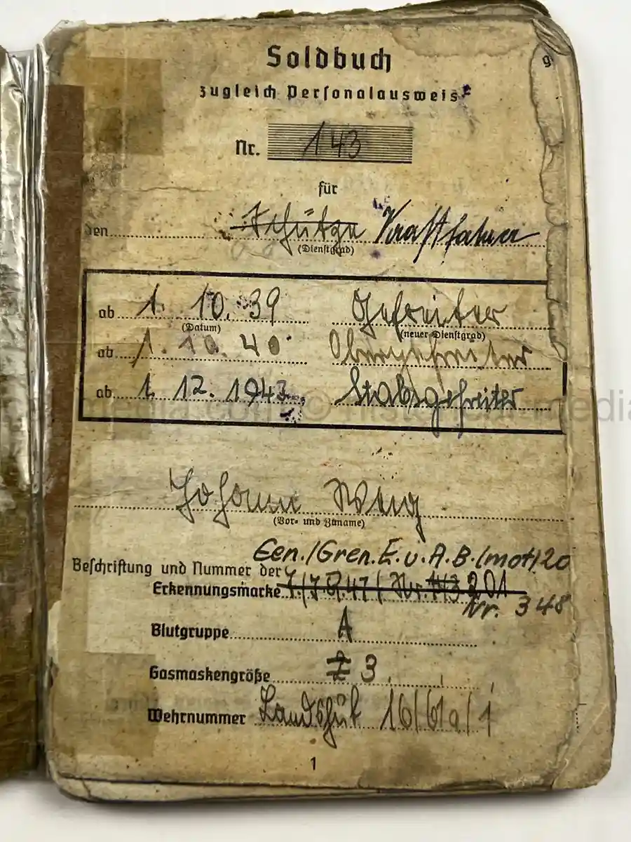 WWII GERMAN HEER SOLDBUCH – JOHANN WEIG – STABSGEFREITER – GREN. RGT. 41 (MOT.) – 10. INFANTERIE DIVISION - EASTERN FRONT & WESTFELDZUG – INFANTRY ASSAULT BADGE