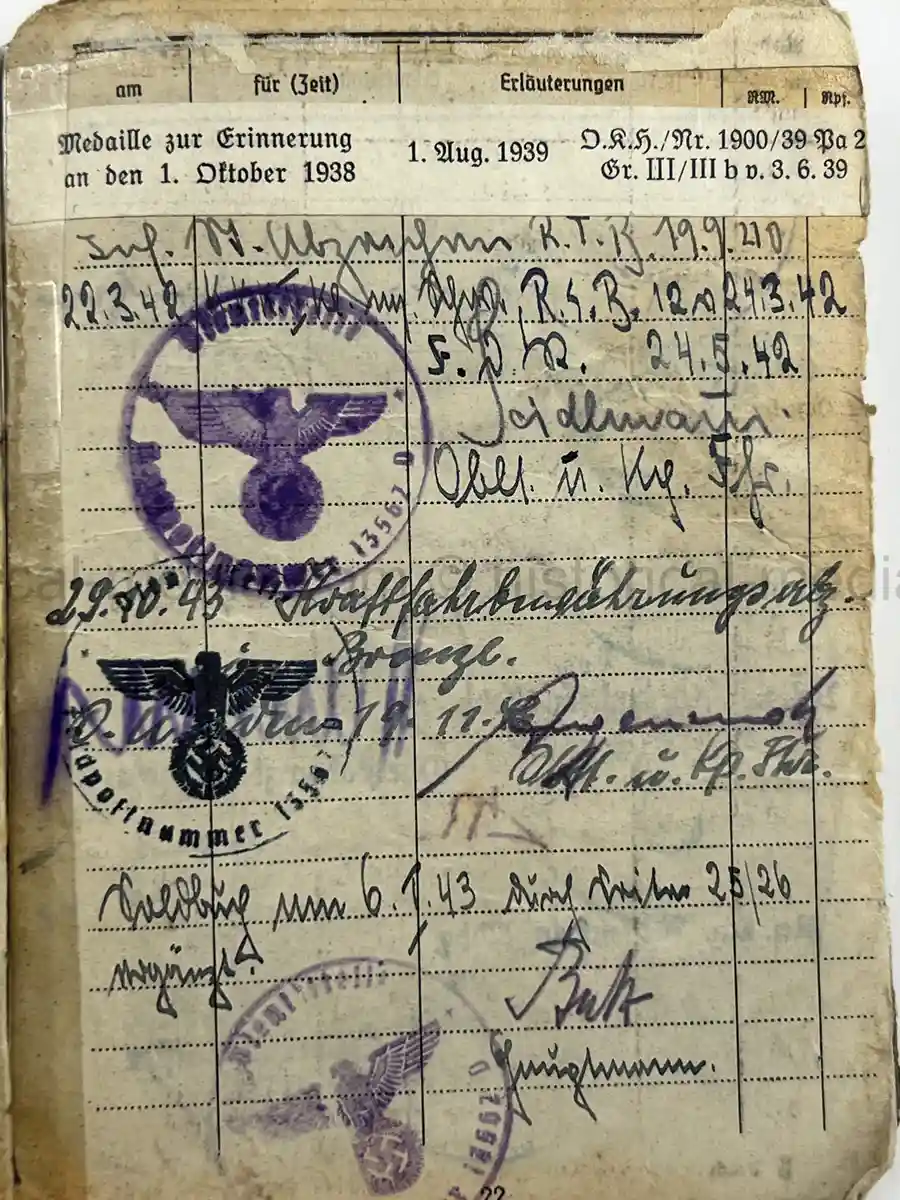WWII GERMAN HEER SOLDBUCH – JOHANN WEIG – STABSGEFREITER – GREN. RGT. 41 (MOT.) – 10. INFANTERIE DIVISION - EASTERN FRONT & WESTFELDZUG – INFANTRY ASSAULT BADGE