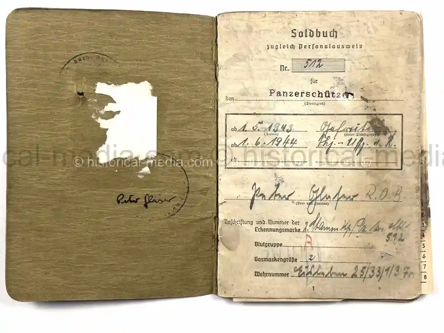 PANZER SOLDUCH – PETER GLASER – PANZERSCHÜTZE – PANZER-ABTEILUNG 116 / PZ.GREN.RGT. 59 – 20. PANZER-DIVISION – EASTERN FRONT – EK2 & SILVER PANZER ASSAULT BADGE – CLOSE COMBAT ENTRIES