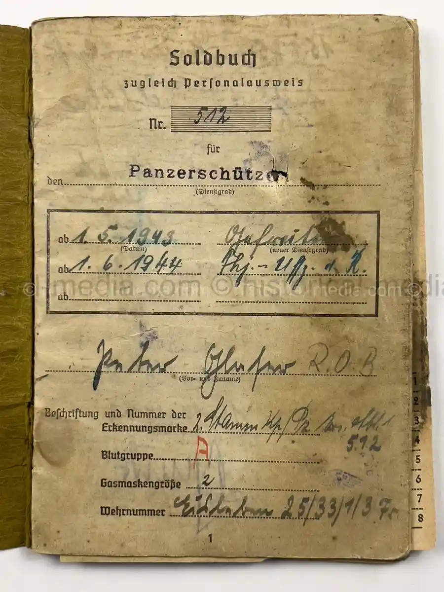 PANZER SOLDUCH – PETER GLASER – PANZERSCHÜTZE – PANZER-ABTEILUNG 116 / PZ.GREN.RGT. 59 – 20. PANZER-DIVISION – EASTERN FRONT – EK2 & SILVER PANZER ASSAULT BADGE – CLOSE COMBAT ENTRIES