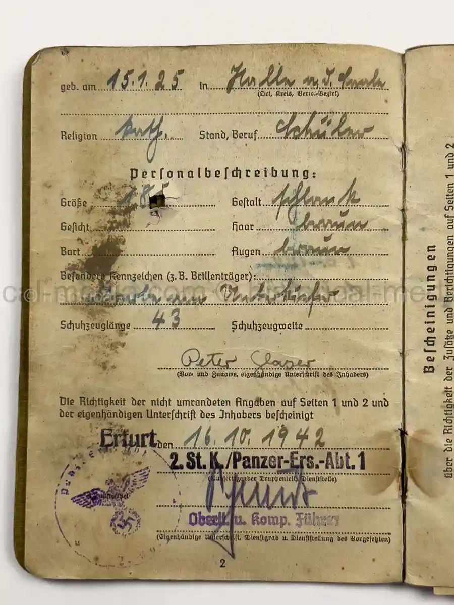 PANZER SOLDUCH – PETER GLASER – PANZERSCHÜTZE – PANZER-ABTEILUNG 116 / PZ.GREN.RGT. 59 – 20. PANZER-DIVISION – EASTERN FRONT – EK2 & SILVER PANZER ASSAULT BADGE – CLOSE COMBAT ENTRIES