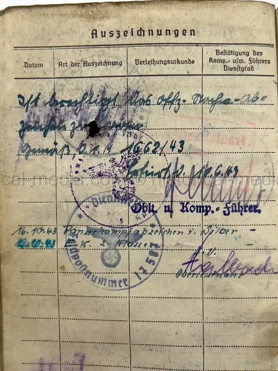 PANZER SOLDUCH – PETER GLASER – PANZERSCHÜTZE – PANZER-ABTEILUNG 116 / PZ.GREN.RGT. 59 – 20. PANZER-DIVISION – EASTERN FRONT – EK2 & SILVER PANZER ASSAULT BADGE – CLOSE COMBAT ENTRIES
