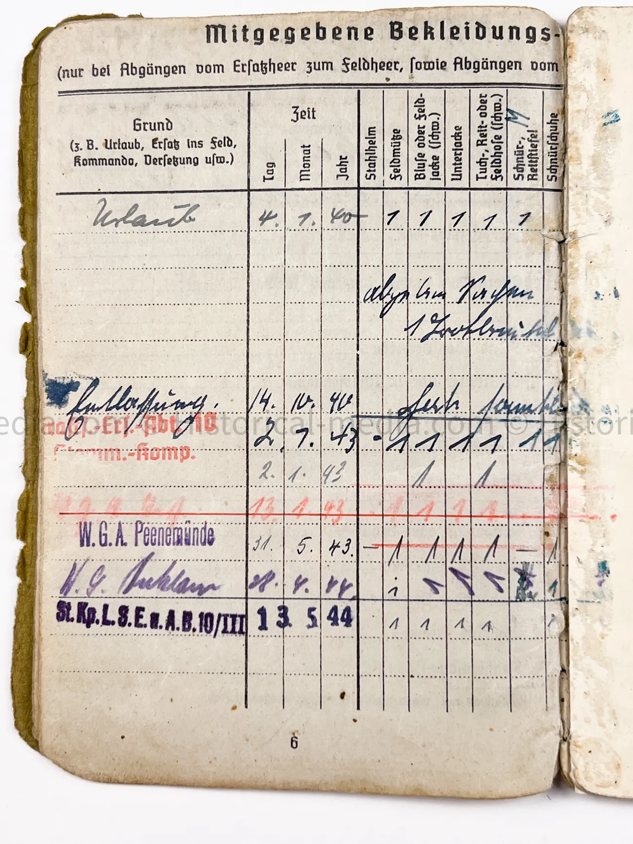 HEER SOLDBUCH - WEHRMACHTSGEFÄNGNIS (WEHRMACHT PRISON) ANKLAM & PEENEMÜNDE - ARTILLERIE LEHR REGIMENT