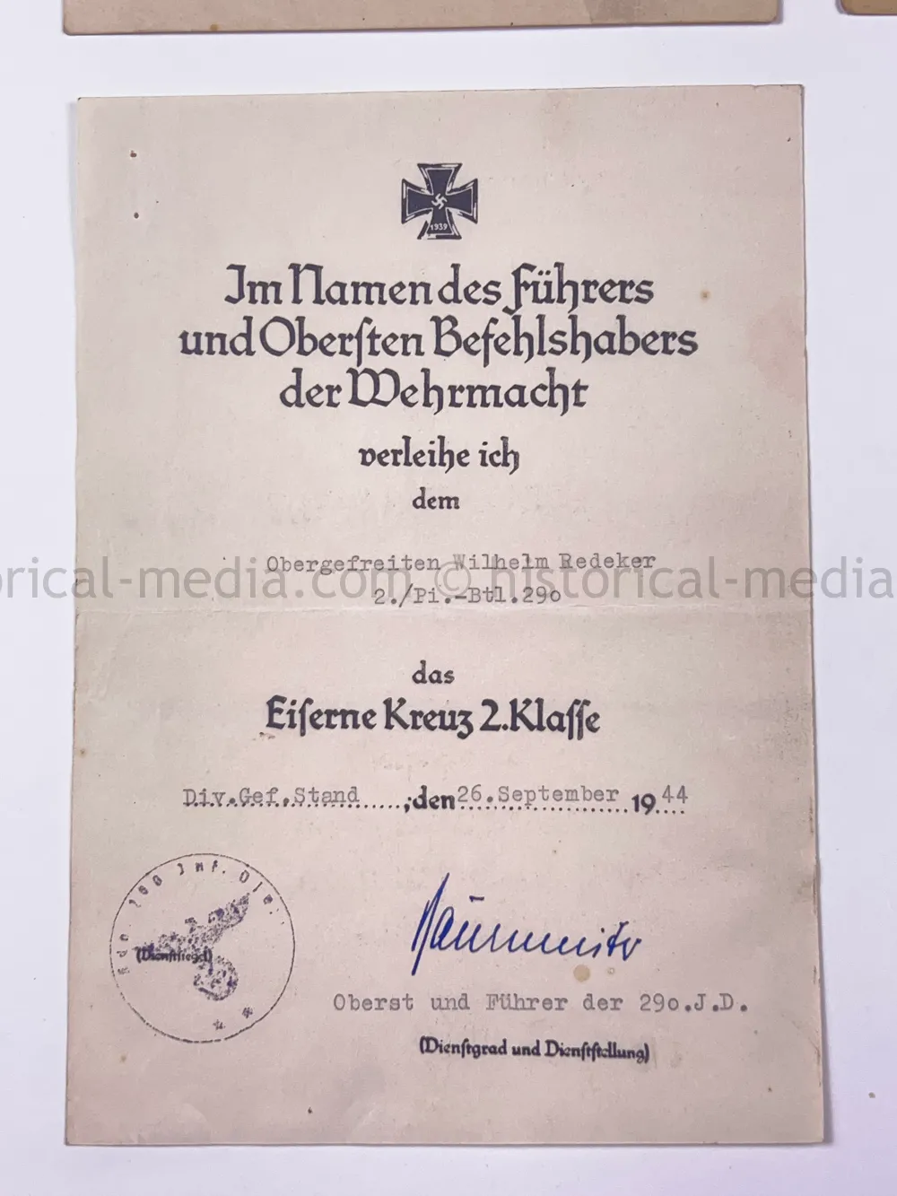 GERMAN AWARD DOCUMENT GROUPING - CLOSE COMBAT CLASP - 290. INFANTERIE DIVISION - KURLAND