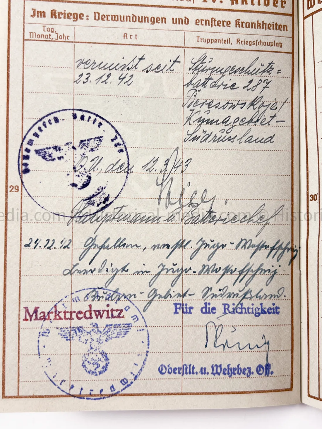 HEER WEHRPASS - STURMGESCHÜTZ BATTERIE 659 & 287 - KIA RUSSIA
