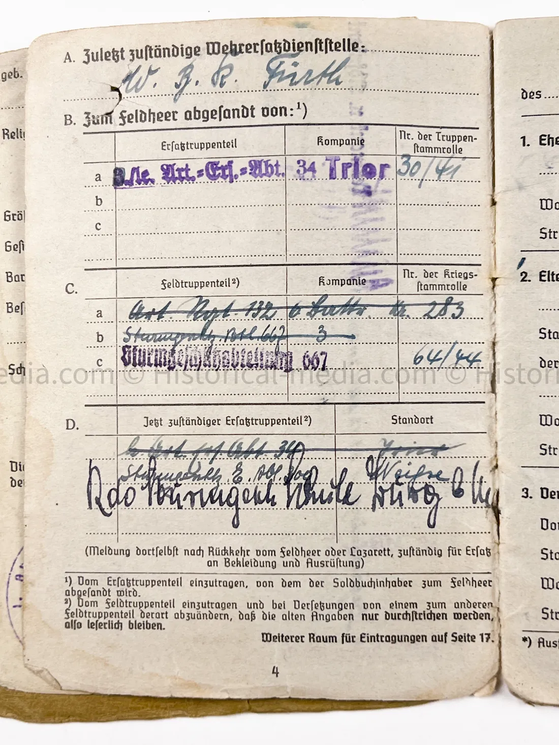 HEER OFFICER SOLDBUCH & AWARD DOCUMENT GROUPING - STURMGESCHÜTZ BATTERIE 667 - GOLD WOUND BADGE
