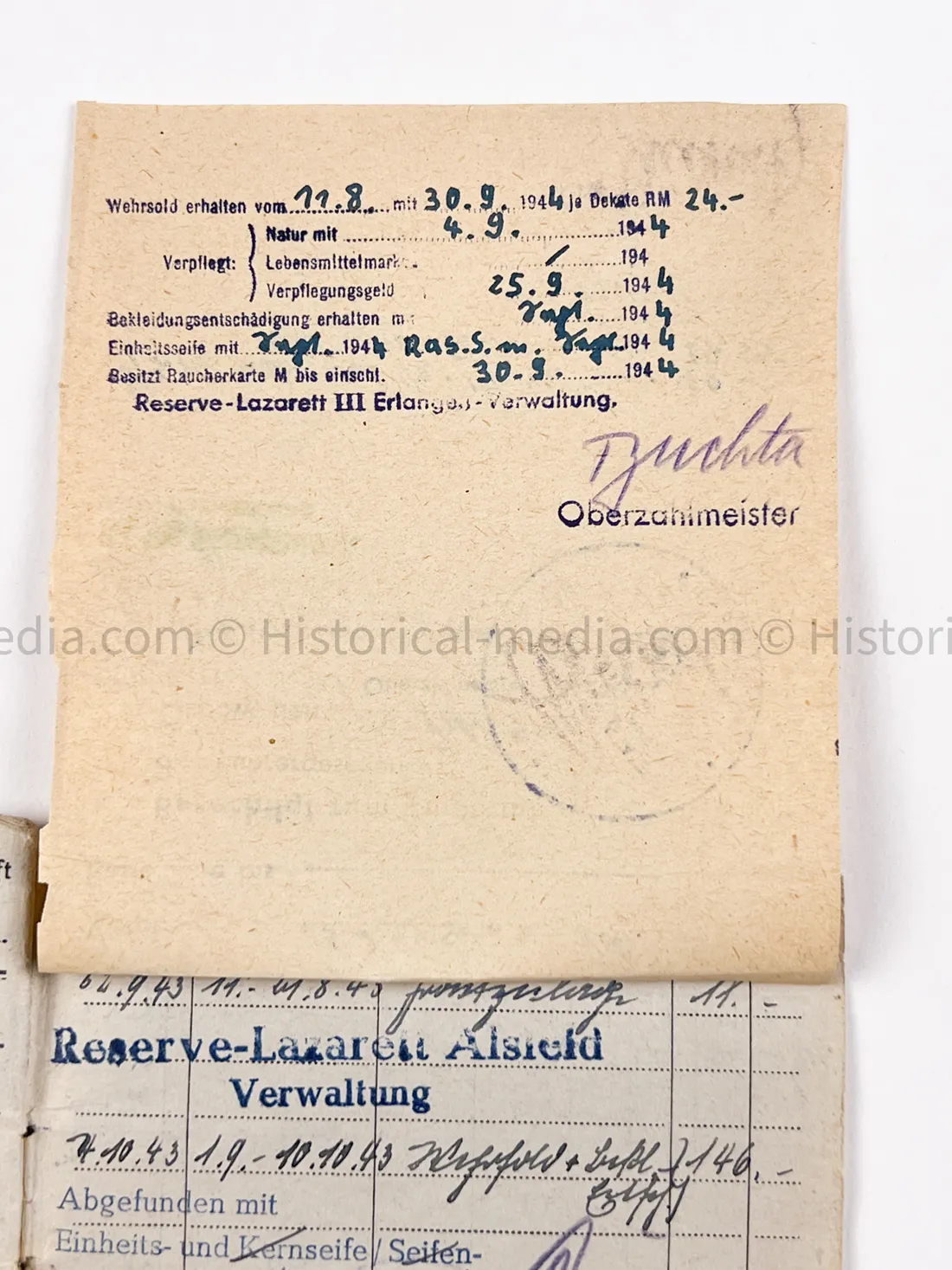 HEER OFFICER SOLDBUCH & AWARD DOCUMENT GROUPING - STURMGESCHÜTZ BATTERIE 667 - GOLD WOUND BADGE