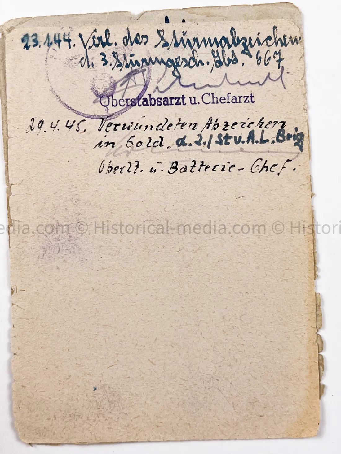 HEER OFFICER SOLDBUCH & AWARD DOCUMENT GROUPING - STURMGESCHÜTZ BATTERIE 667 - GOLD WOUND BADGE