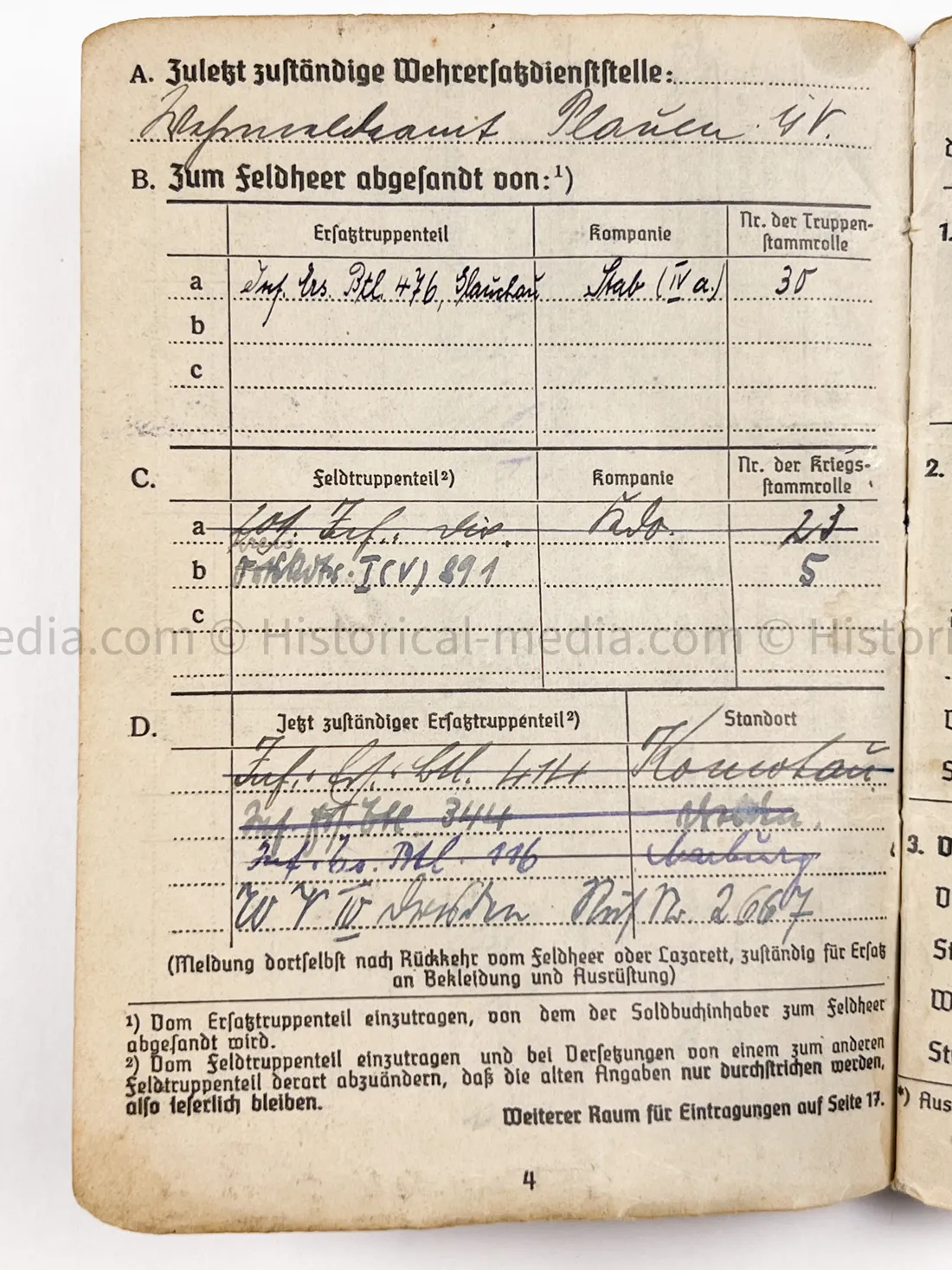 HEER SOLDBUCH - STABSZAHLMEISTER - ORTSKOMMANDANTUR I(V) 891