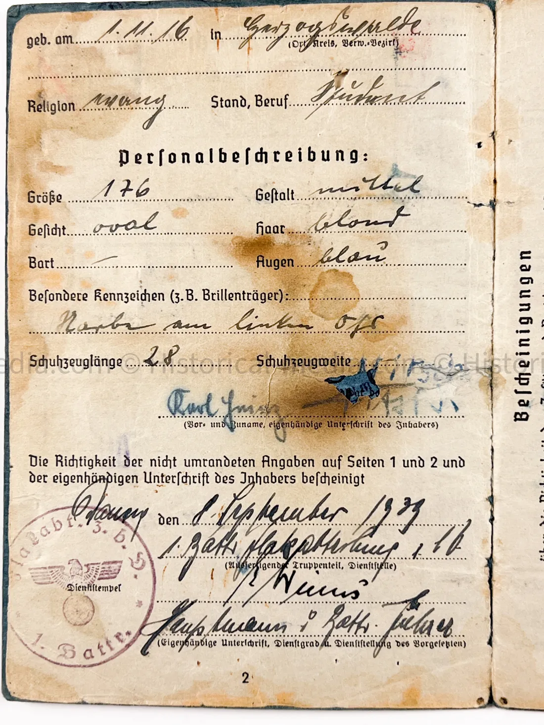LUFTWAFFE OFFICER SOLDBUCH - FLAK ABTEILUNG Z.B.V. DANZIG - DANZIG KREUZ!