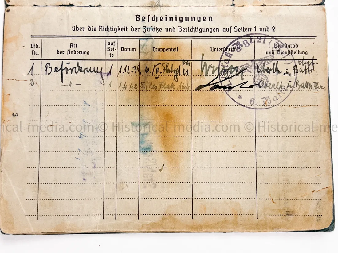 LUFTWAFFE OFFICER SOLDBUCH - FLAK ABTEILUNG Z.B.V. DANZIG - DANZIG KREUZ!