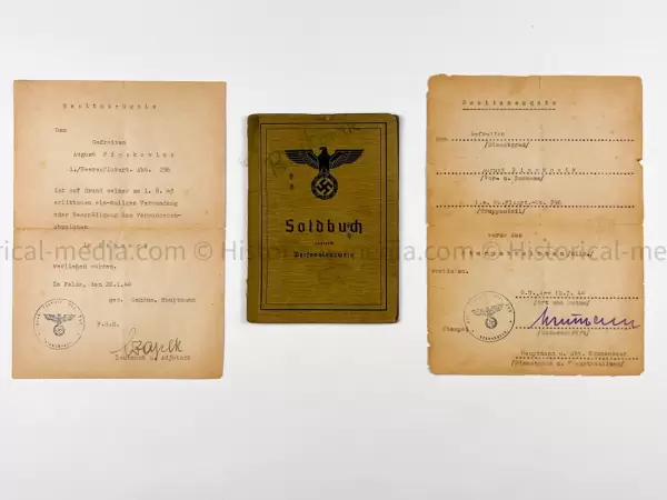 HEER SOLDBUCH & AWARD DOCUMENT GROUPING - HEERES FLAK - 7. PANZER DIVISION - KURLAND