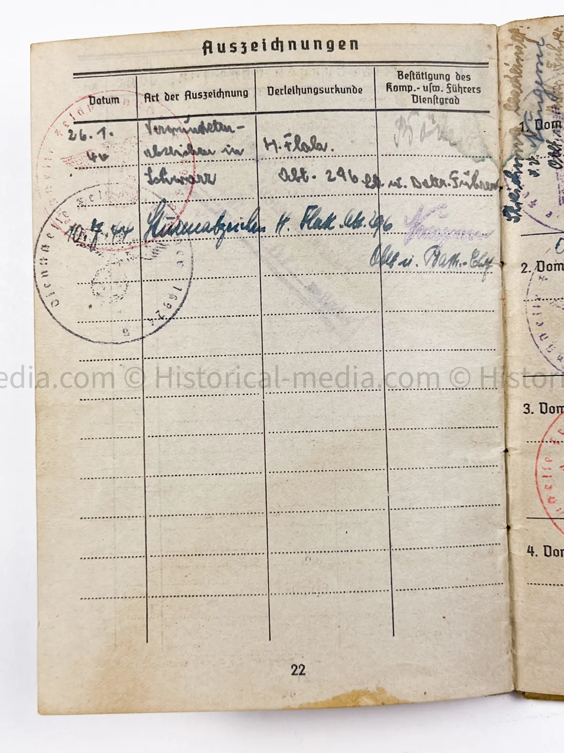 HEER SOLDBUCH & AWARD DOCUMENT GROUPING - HEERES FLAK - 7. PANZER DIVISION - KURLAND