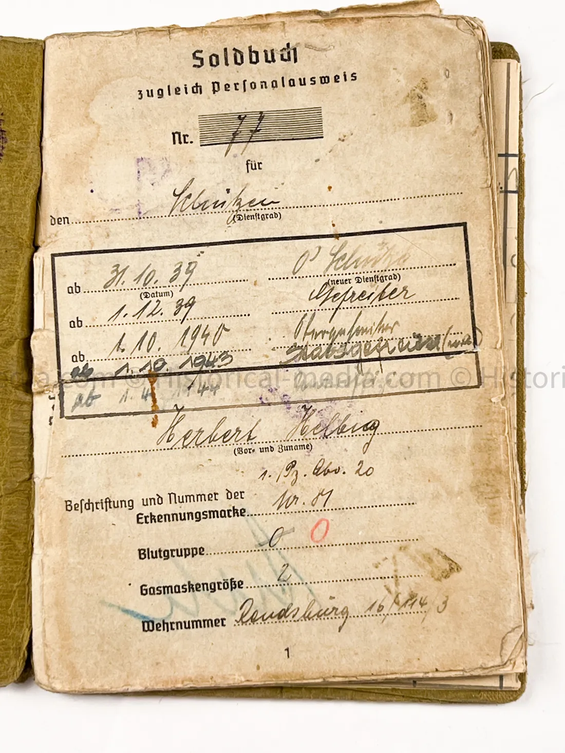 HEER SOLDBUCH - PANZER JÄGER ABTEILUNG 20 - 30. PANZER GRENADIER DIVISION - - SUDETENLAND, POLAND, FRANCE, RUSSIA, BATTLE OF BERLIN - NINE AWARDS!