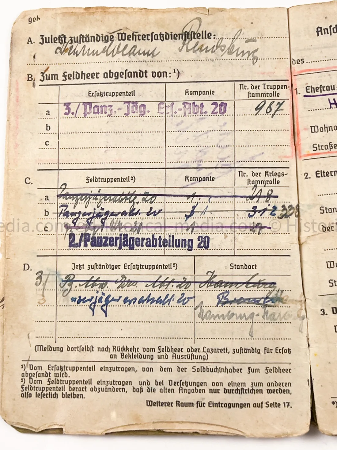HEER SOLDBUCH - PANZER JÄGER ABTEILUNG 20 - 30. PANZER GRENADIER DIVISION - - SUDETENLAND, POLAND, FRANCE, RUSSIA, BATTLE OF BERLIN - NINE AWARDS!