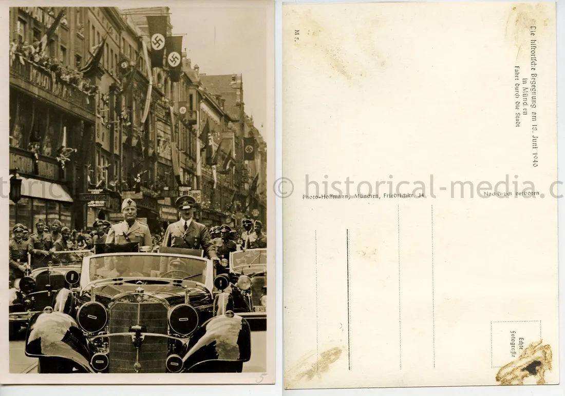 HITLER & MUSSOLINI POSTCARD PHOTO - PARADE THROUGH MUNICH - JUNE 18, 1940