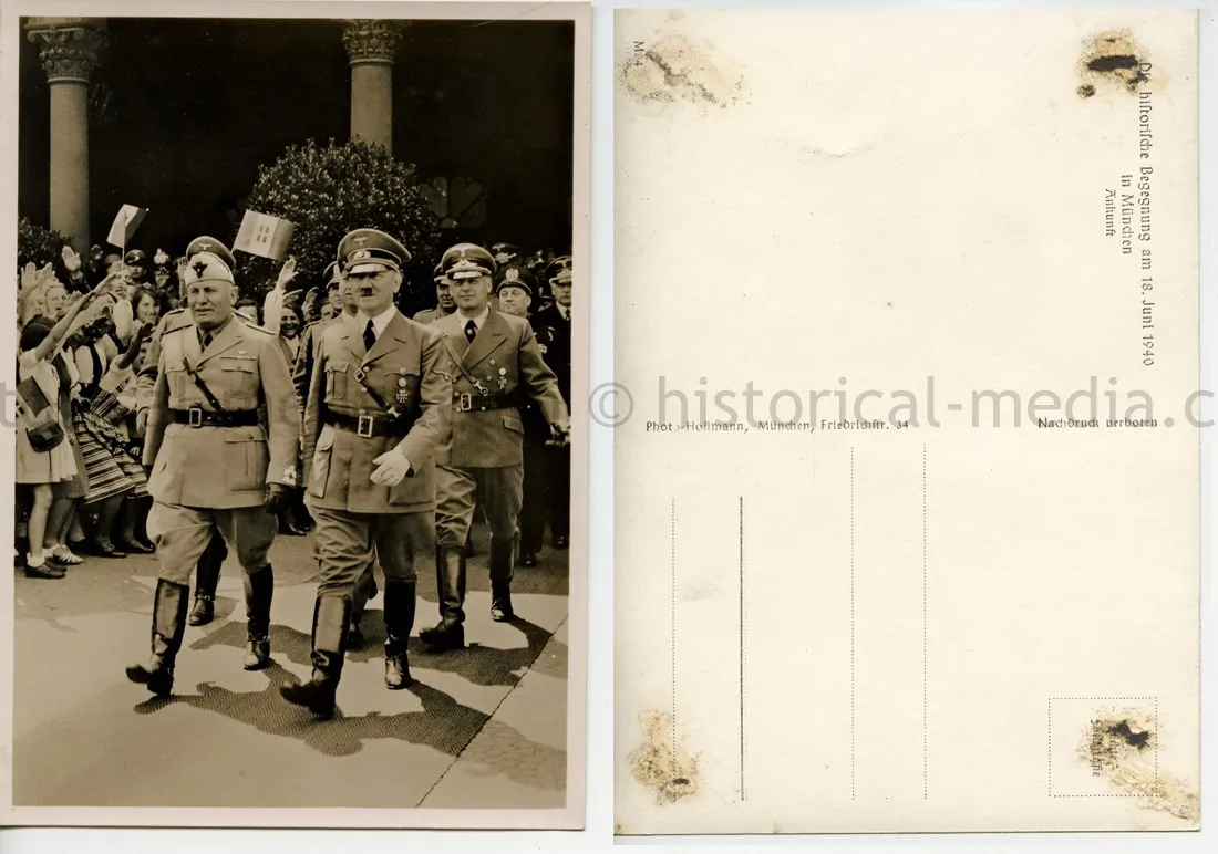 HITLER & MUSSOLINI POSTCARD PHOTO - PARADE THROUGH MUNICH - JUNE 18, 1940