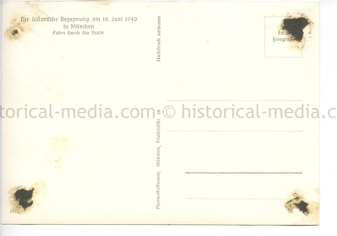 HITLER & MUSSOLINI POSTCARD PHOTO - PARADE THROUGH MUNICH - JUNE 18, 1940