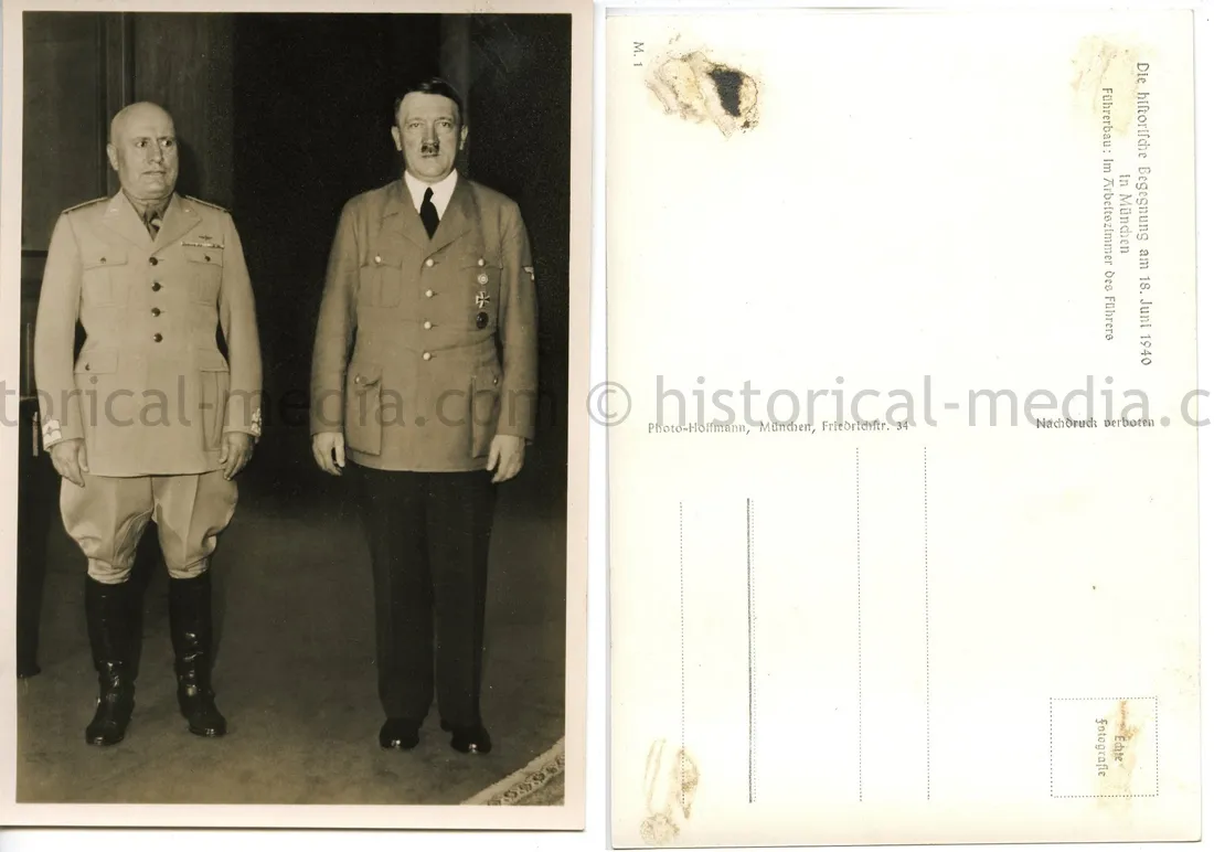HITLER & MUSSOLINI POSTCARD PHOTO - PARADE THROUGH MUNICH - JUNE 18, 1940