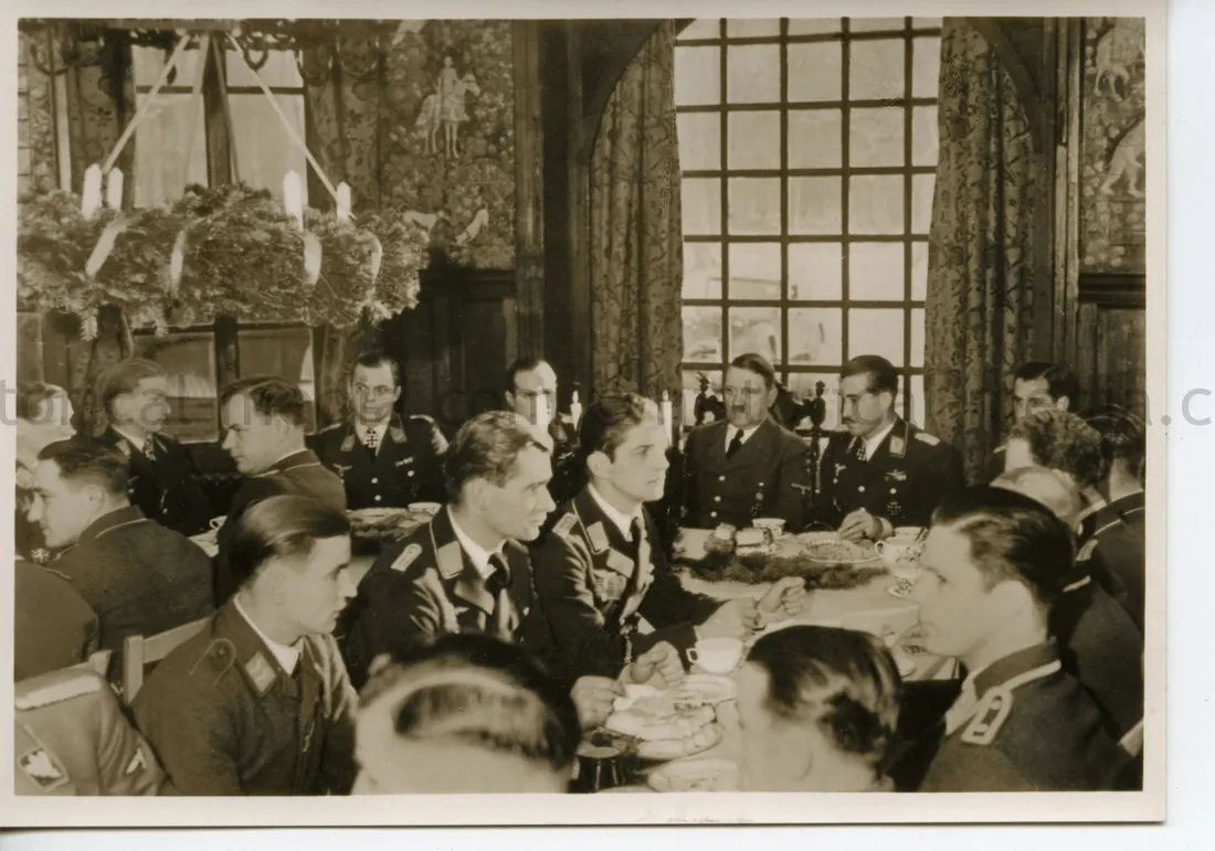 POSTCARD PHOTO - LUFTWAFFE CHRISTMAS WITH HITLER & GALLAND IN THE FIELD