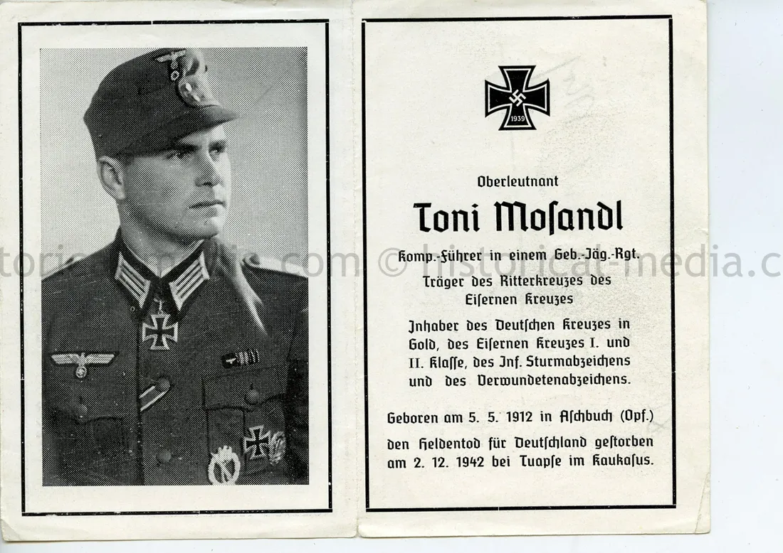 KNIGHTS CROSS WINNER DEATH NOTICE - TONI MOSANDL - 6./ Gebirgsjäger Regiment 99 
