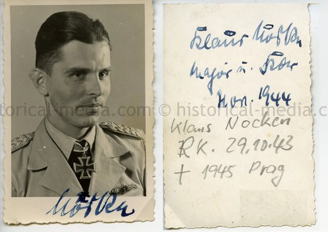 KNIGHTS CROSS WINNER PORTRAIT PHOTO & 2x SIGNATURE - KLAUS KNOCKEN - KOMMANDEUR III./KAMPFGESCHWADER 26
