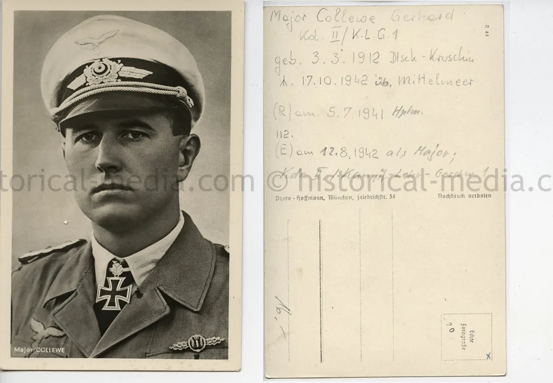 KNIGHTS CROSS WINNER POSTCARD PORTRAIT PHOTO - GERHARD COLLEWE - KAMPF LEHR GESCHWADER 1