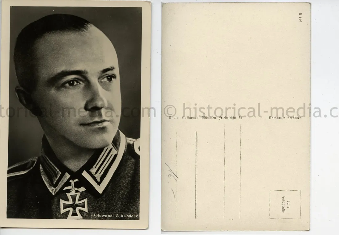 KNIGHTS CROSS WINNER POSTCARD PORTRAIT PHOTO - GOTTHARD KUMMER - GRENADIER REGIMENT 45