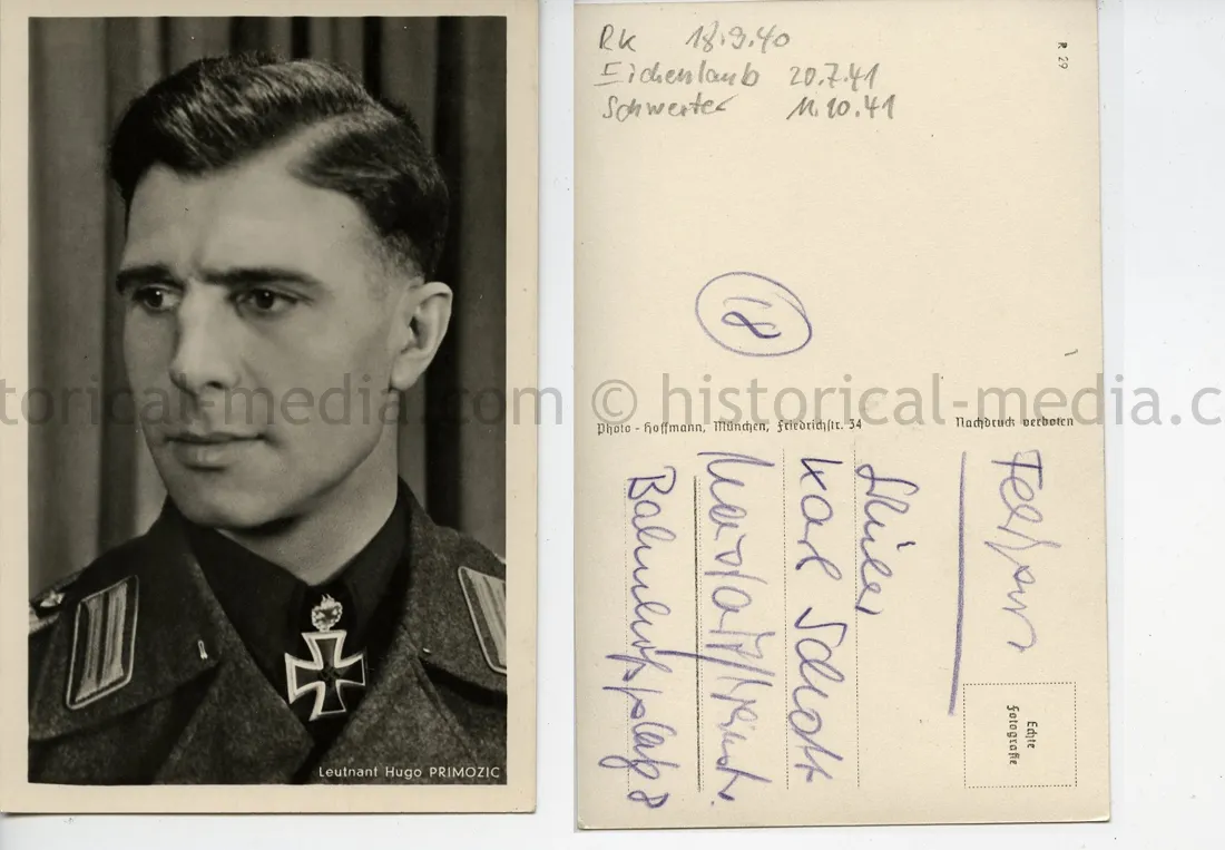 KNIGHTS CROSS WINNER POSTCARD PORTRAIT PHOTO - HUGO PRIMOZIC - STURMGESCHÜTZ-ABTEILUNG 667