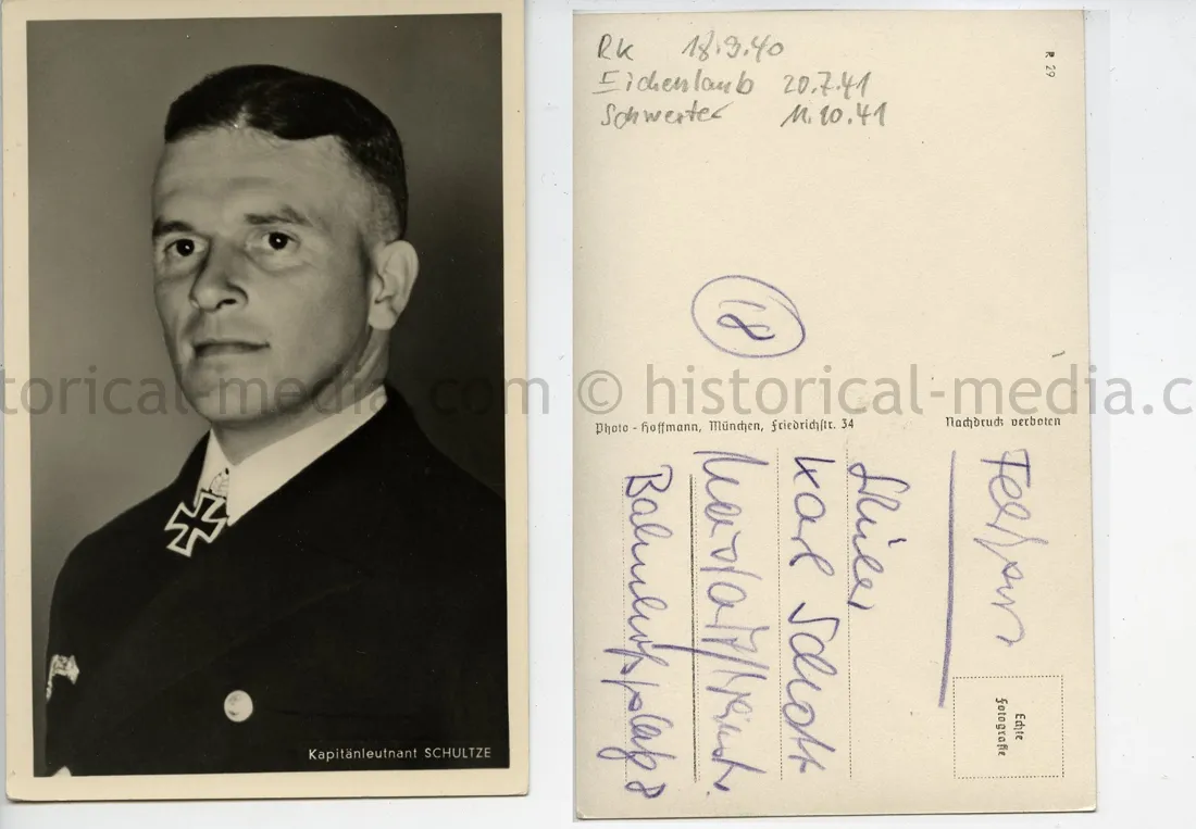 KNIGHTS CROSS WINNER POSTCARD PORTRAIT PHOTO - U-BOAT COMMANDER - KAPITANLEUTNANT HERBERT SCHULTZE