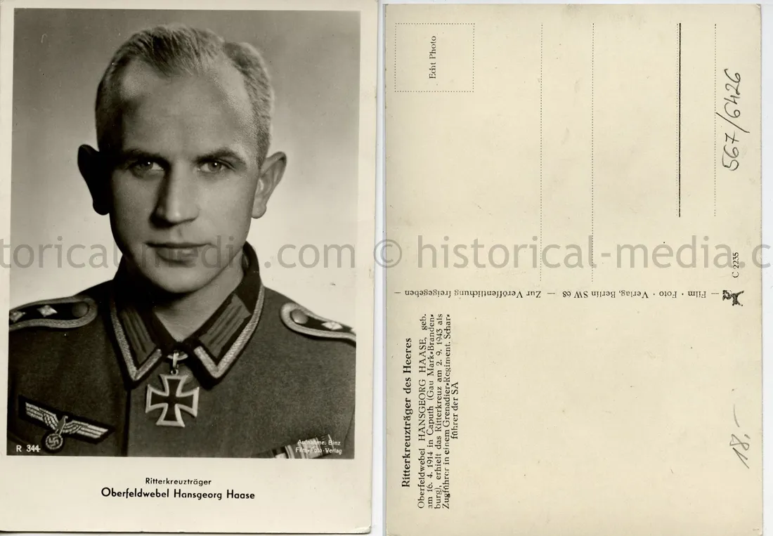KNIGHTS CROSS WINNER POSTCARD PORTRAIT PHOTO - HANS GEORG HAAHANS GEORG HAASE - GRENADIER REGIMENT 122
