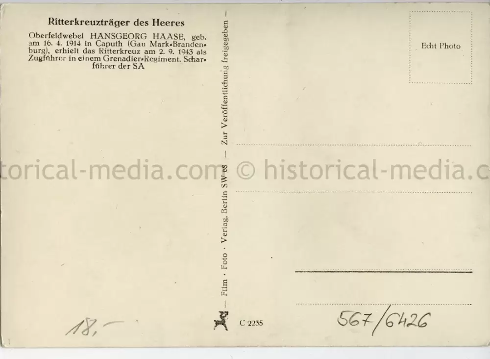 KNIGHTS CROSS WINNER POSTCARD PORTRAIT PHOTO - HANS GEORG HAAHANS GEORG HAASE - GRENADIER REGIMENT 122