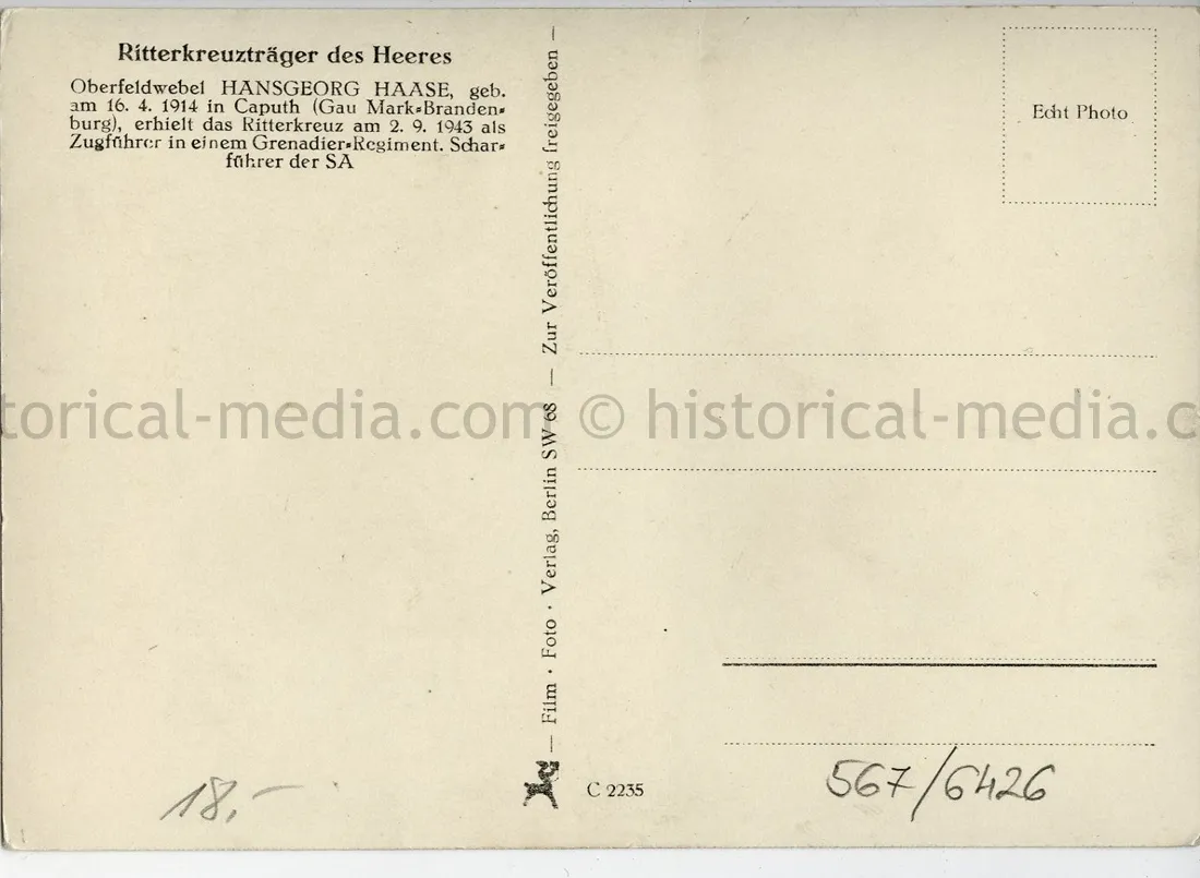 KNIGHTS CROSS WINNER POSTCARD PORTRAIT PHOTO - HANS GEORG HAAHANS GEORG HAASE - GRENADIER REGIMENT 122