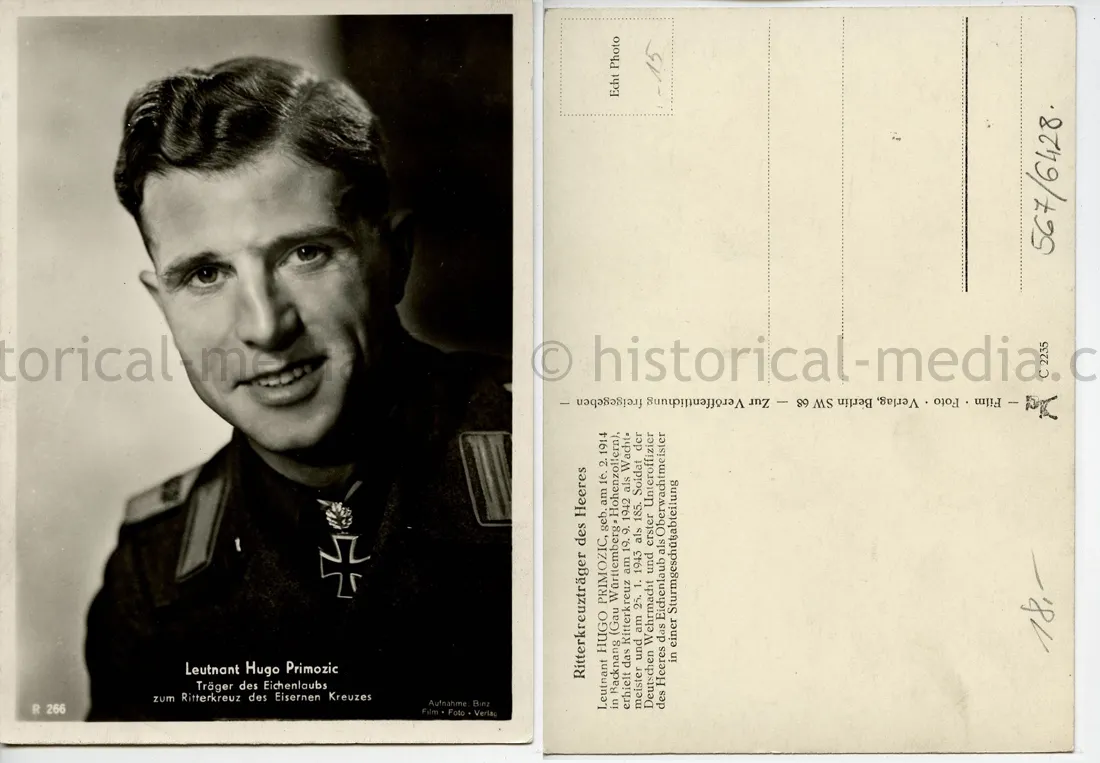 KNIGHTS CROSS WINNER POSTCARD PORTRAIT PHOTO - HUGO PRIMOZIC - STURMGESCHÜTZ-ABTEILUNG 667