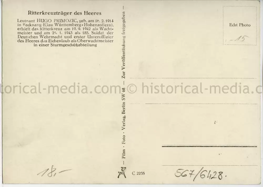 KNIGHTS CROSS WINNER POSTCARD PORTRAIT PHOTO - HUGO PRIMOZIC - STURMGESCHÜTZ-ABTEILUNG 667