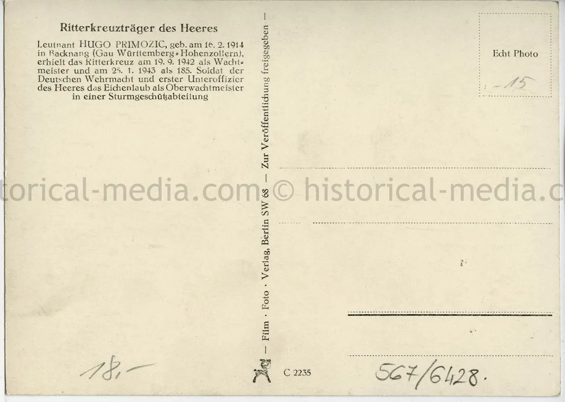 KNIGHTS CROSS WINNER POSTCARD PORTRAIT PHOTO - HUGO PRIMOZIC - STURMGESCHÜTZ-ABTEILUNG 667