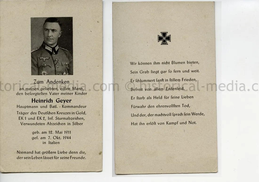 GERMAN CROSS IN GOLD WINNER DEATH NOTICE - HEINRICH GEYER - GRENADIER-REGIMENT 688 - KIA OCT. 7, 1944 ITALY