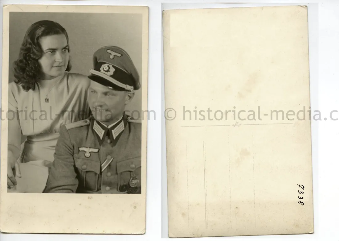 STUDIO PORTRAIT PHOTO -WIFE &  PANZER OFFICER WEARING PANZER BADGE