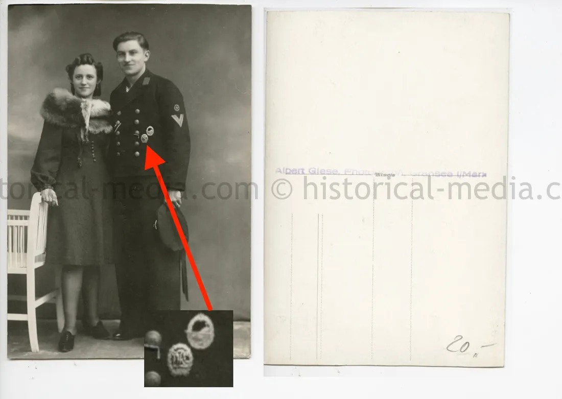 STUDIO PORTRAIT PHOTO - KRIEGSMARINE SAILOR & WIFE + DESTROYER BADGE