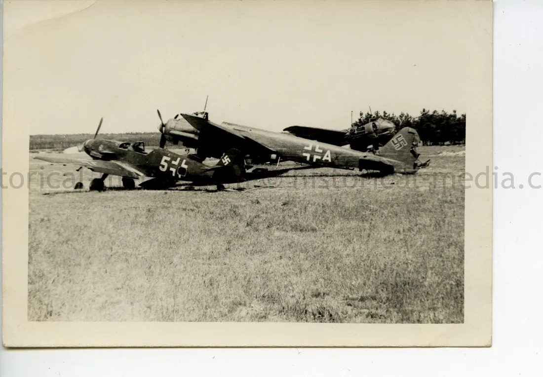 GI PHOTO OF ME 109 AND OTHER CAPTURED LUFTWAFFE AIRCRAFT