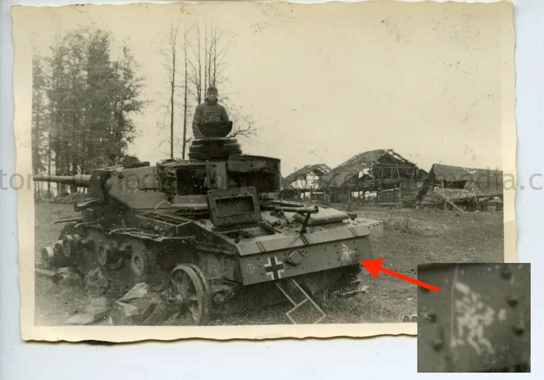 GI PHOTO OF A KNOCKED OUT PANZER IV WITH 7TH PANZER DIVISION 
