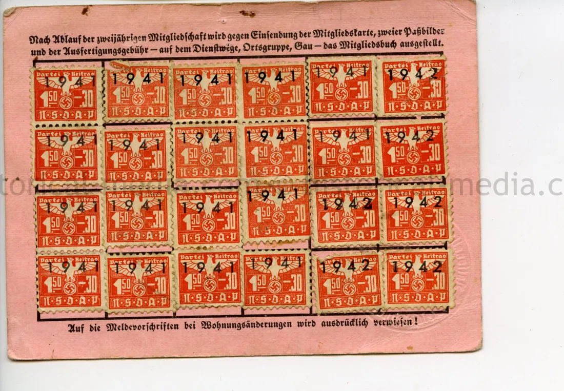 NSDAP MEMBERSHIP CARD - ORTSGRUPPE PFLINGFELDEN